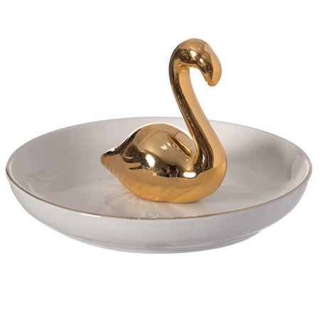 UNIQUEWISE Modern Ceramic Trinket Dish Accent Plate Jewelry Holder White Plate and Gold Swan QI004368.DK